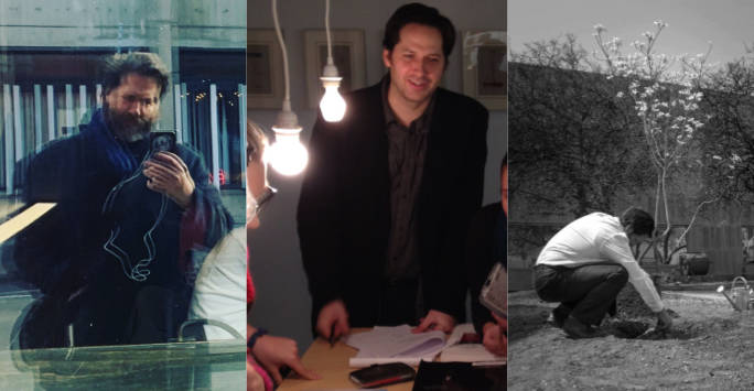 Panel of three AI images, a man behind a window, a man smiling at a table illuminated by two lightbulbs, and another planting a tree.