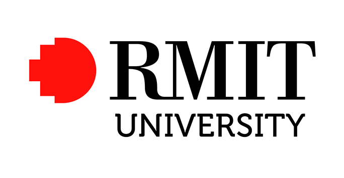 Circular red logo with the text 