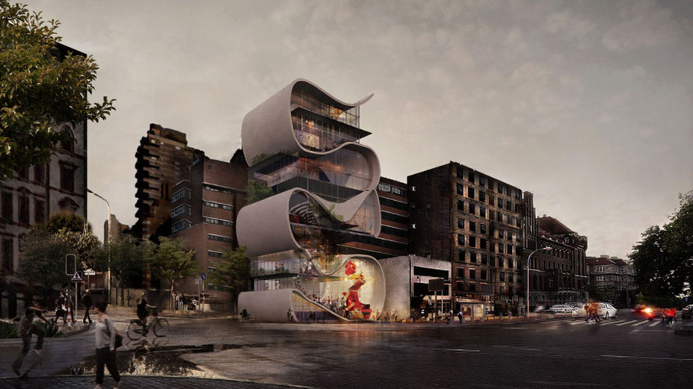 Conceptual extension to an existing brick building, consisting of swirling concrete curves.