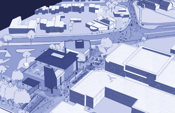 Orthographic projection of a town centre showing proposed changes.