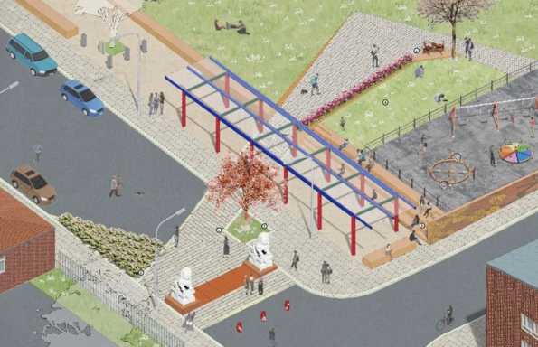 Isometric rendering of city streets, with two lions flanking a crossing.