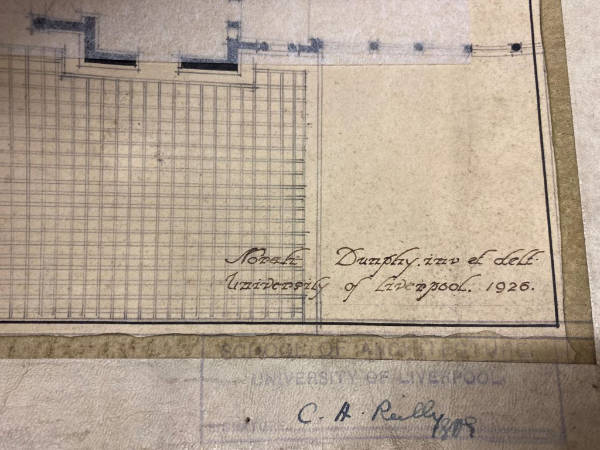 Close up of a Norah Dunphys signature on an architectural drawing.