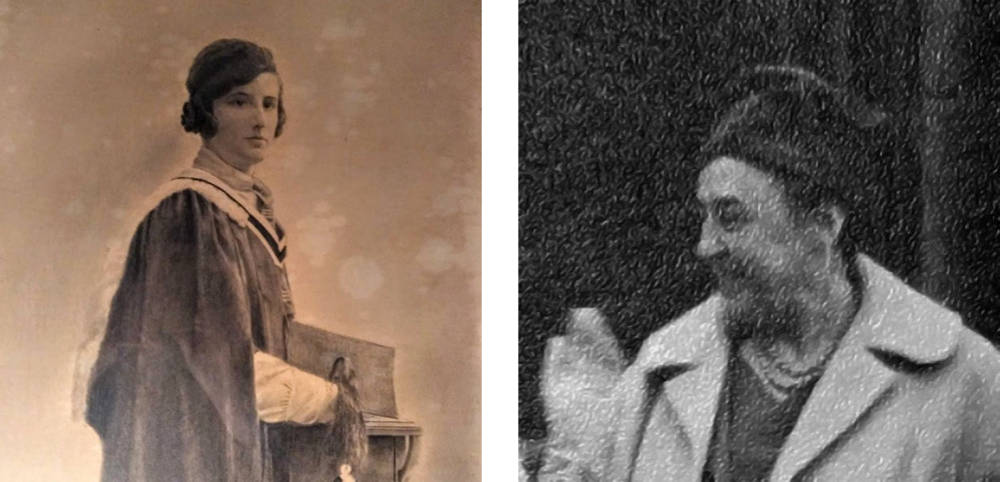 Side by side photographs of two women. One is a sepia tone graduation picture of a young woman in graduation gown and holding a cap, the other of a smiling older woman in a heavy winter coat and hat.