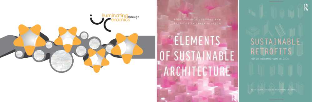 Collection of book covers with abstract designs, from left to right: Illuminating Ceramics, Elements of Sustainable Architecture and Sustainable Retrofits.