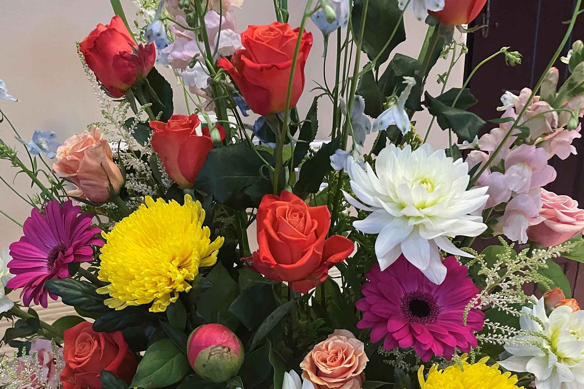 bouquet of flowers donated and displayed at thanksgiving service