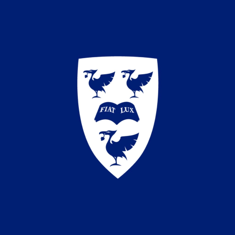 An image with a navy blue background and a white version of the University of Liverpool shield in the middle