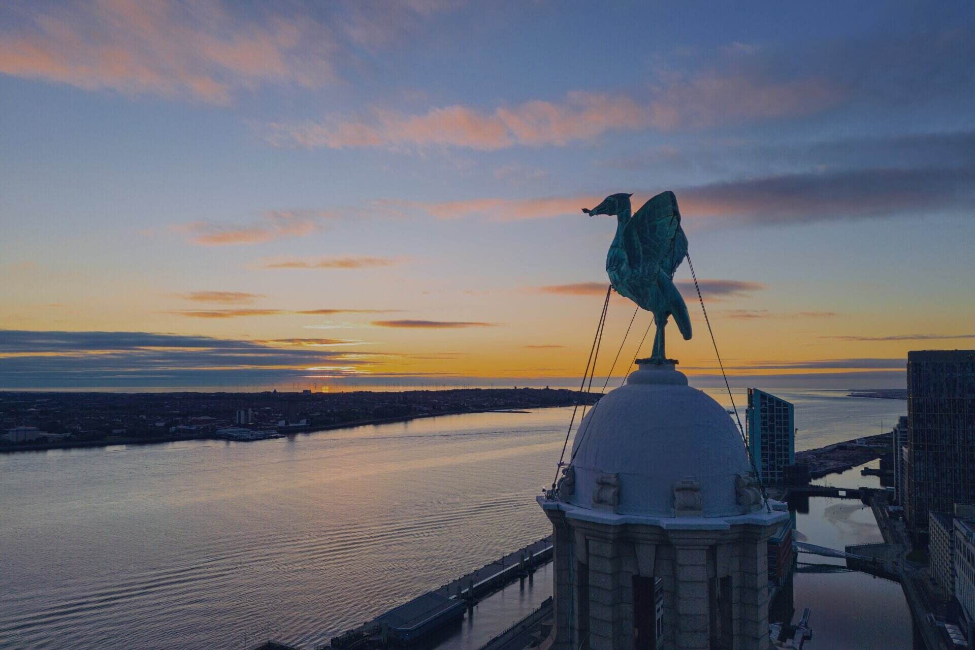 An image of a liver bird atop the Liver Building overlooking the River Mersey.