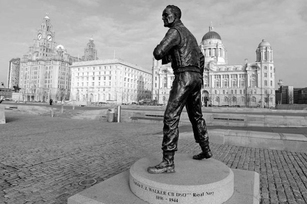 Photograph of Johnnie Walker sculpture at the pier head.