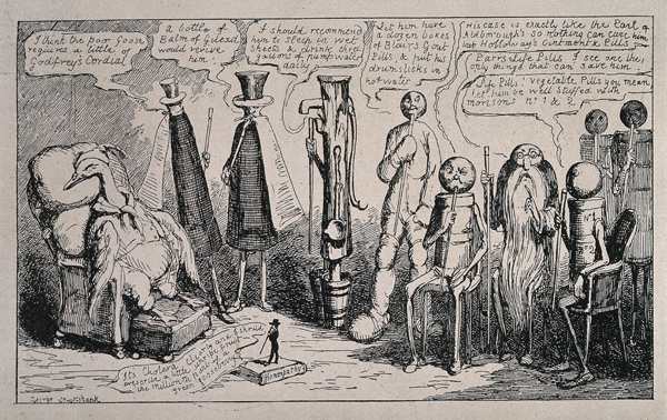 \'Vendors of various types of remedies consulting about a patient; the vendors represented by their respective treatments and the patient by a goose