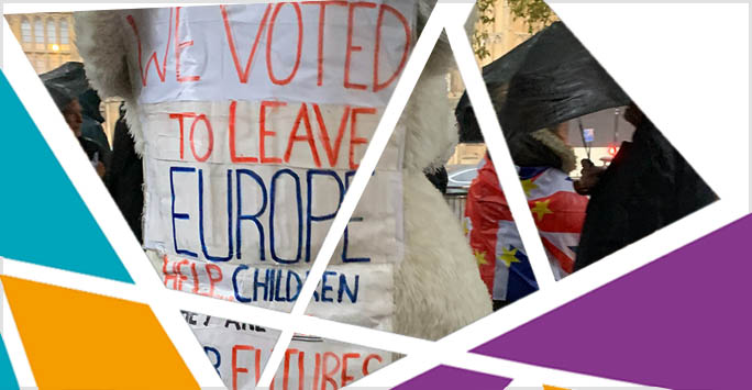 Banner saying We voted to leave Europe, help children.
