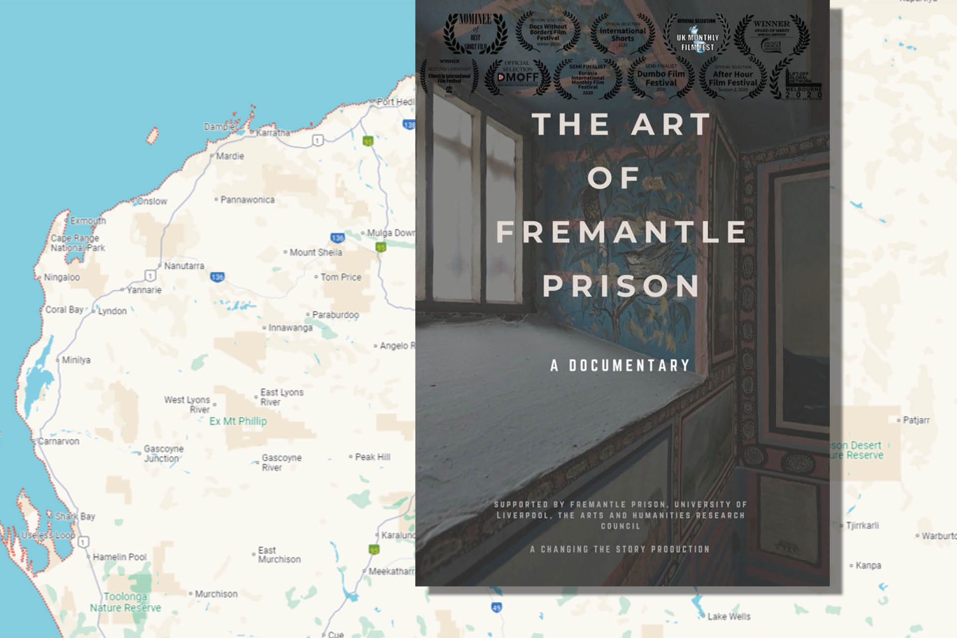 A map of Western Australia with 'The Art of Fremantle' poster over the top.