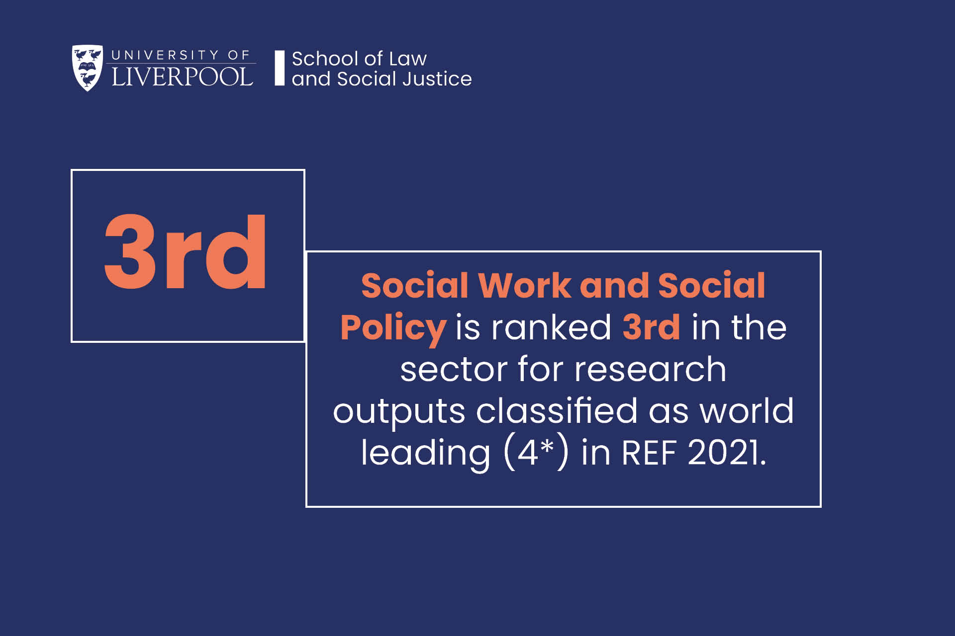 Blue background with white text that reads '3rd - Social work and social policy is ranked 3rd in the sector'.