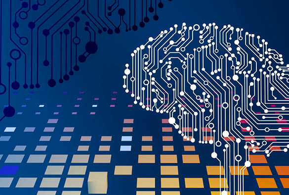 Circuit board of a computer in the shape of a brain.