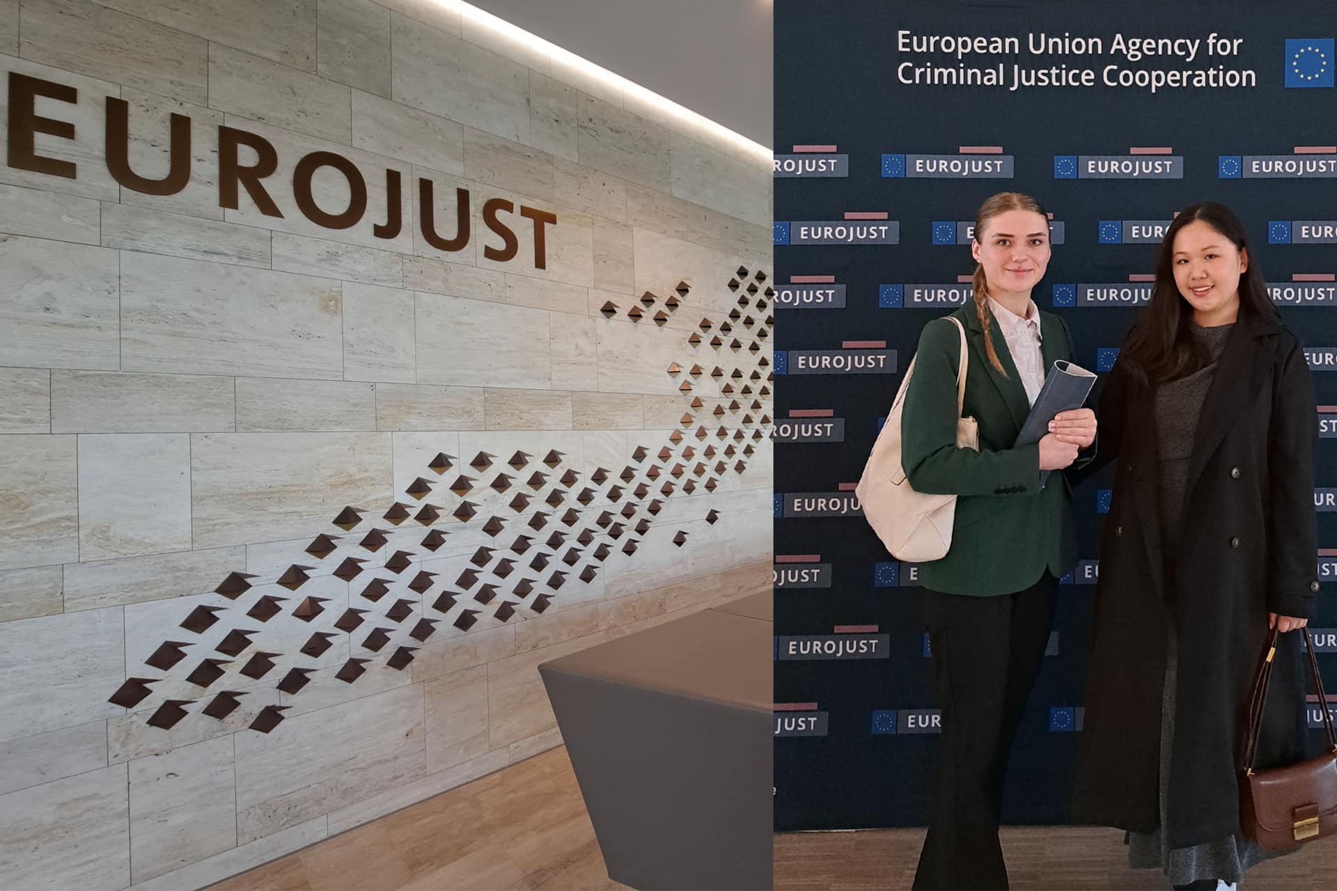 Two students stand in the corridor of the Eurojust building.