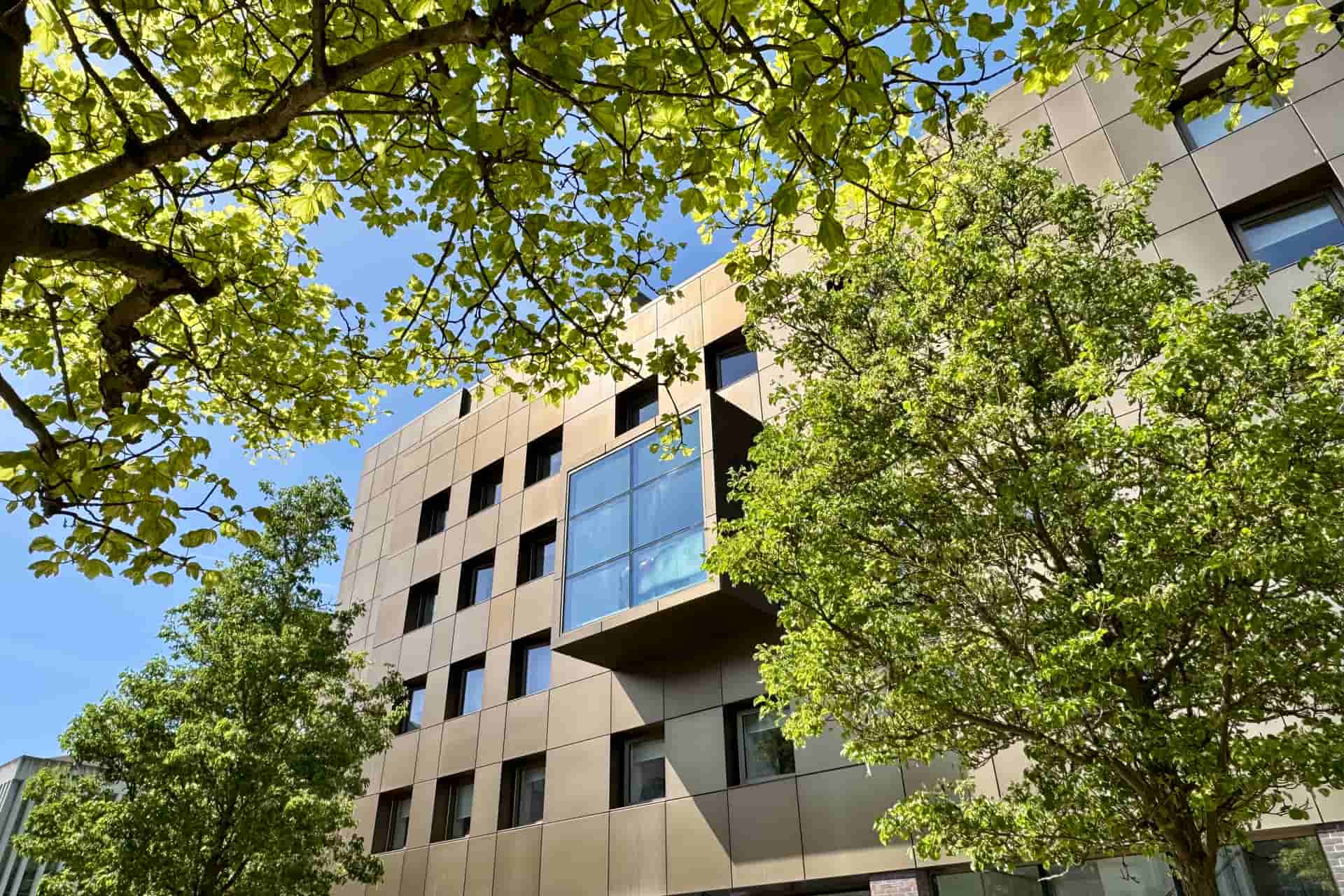 The exterior of the School of Law and Social Justice Building, featuring a modern bronze façade with large windows, framed by several leafy trees in the foreground.