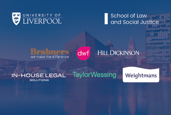 Law with a Year in Industry banner featuring Livewrpool\'s Pier Head behind a blue tint. Overlaid are logos for Brabners, DWF, Hill Dickinson, In-House Legal Solutions, Taylor Wessing, and Weightmans law firms