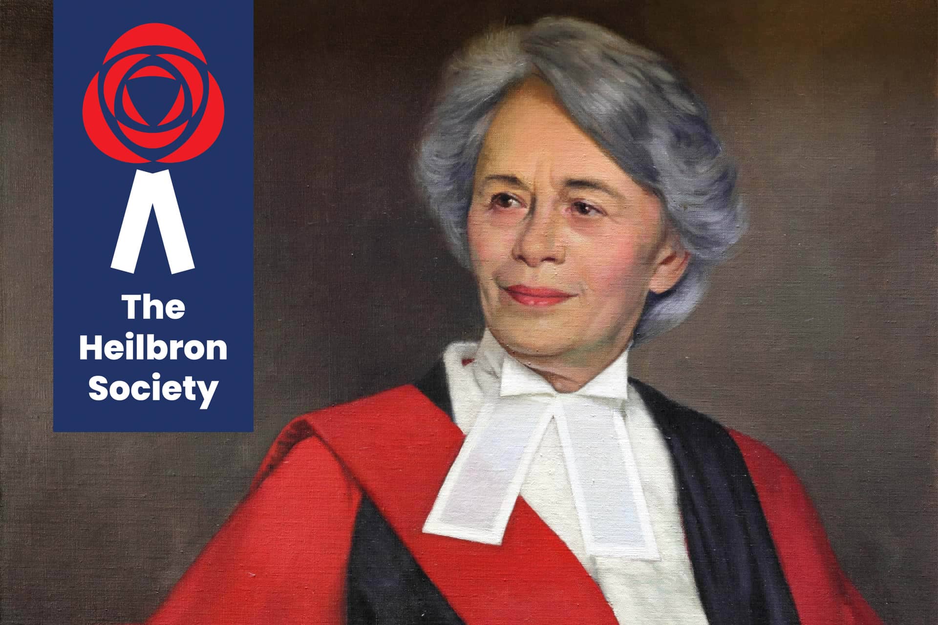 Painting of Mrs Justice Heilbron painting with Heilbron Society logo in the top left