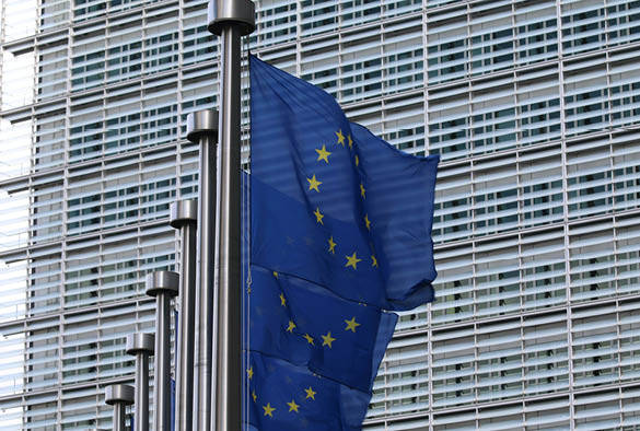 A photo of multiple European flags outside the European Parliament building.