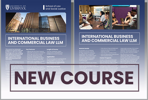 International Business and Commercial Law LLM leaflet with \'New Course\' overlaid