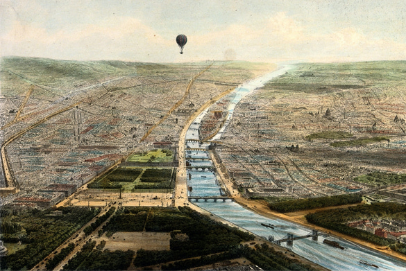 A coloured lithograph of a hot-air balloon travelling over part of Paris giving an aerial view of the townscape.