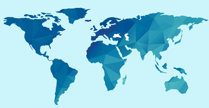 A graphic depicting a blue polygonal world map.