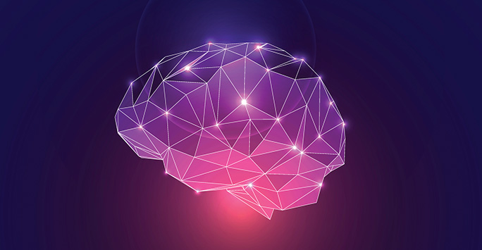 The image shows a digital graphic of a brain constructed from interconnected lines and nodes, set against a gradient background that transitions from dark blue to pink.