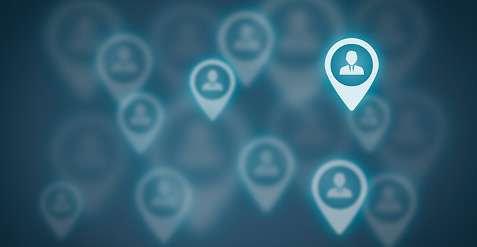 The image displays a background of blurred map pin icons, each containing a silhouette of a person.