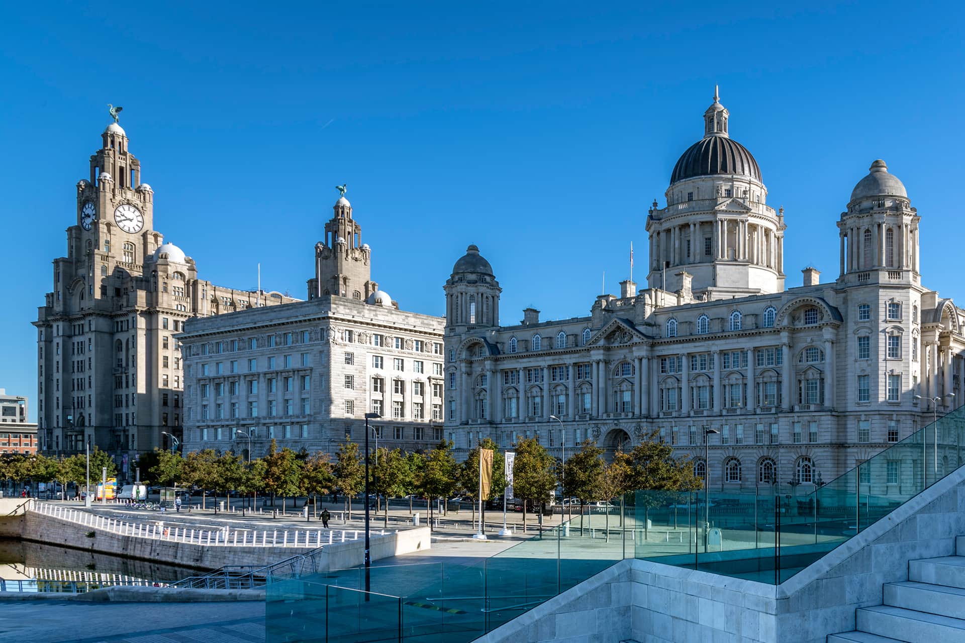 Liverpool waterfront with Liverpool Museum and Liver Building