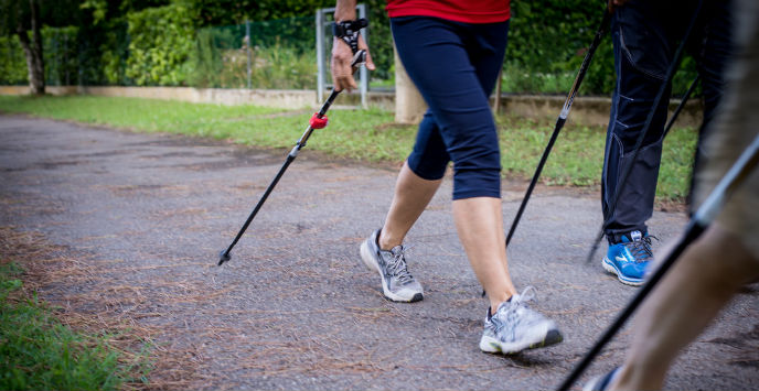 A group of Nordic walkers, walking along a path lined with grass on either side