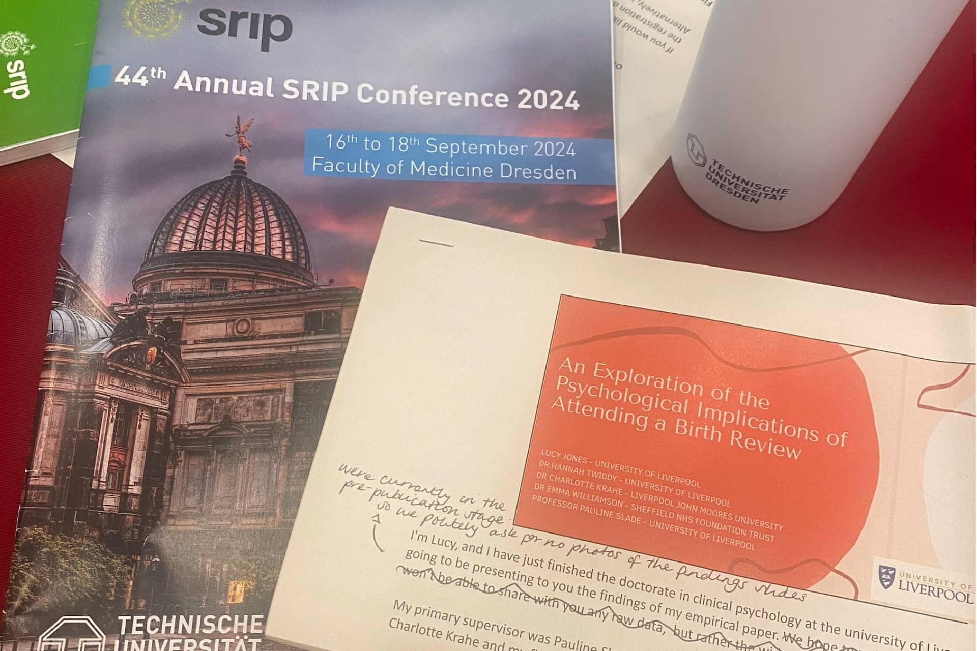 Photo of SRIP conference programme with Lucy Jones' presentation notes
