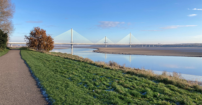 Mersey Gateway bridge viewed from waterside path