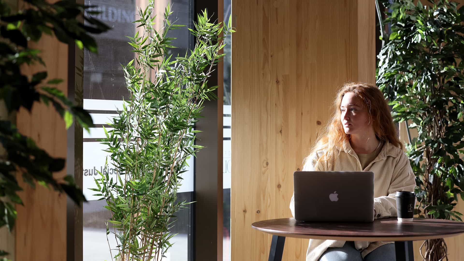 Student in a campus cafe, sitting at a table working on a laptop