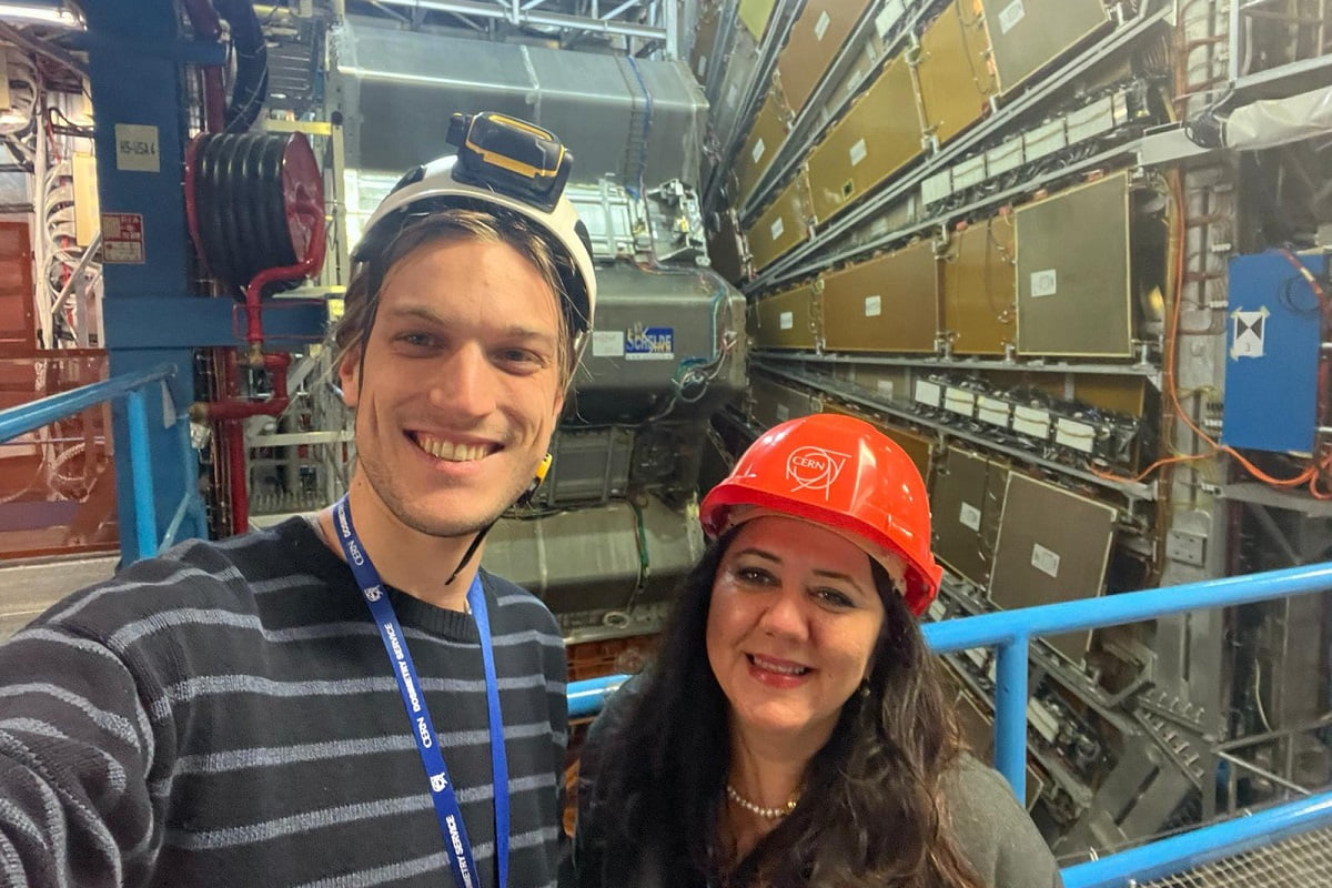 A photograph of Dr Cristiano Sebastiani and Professor Monica D'onofrio at the ATLAS experiment at CERN