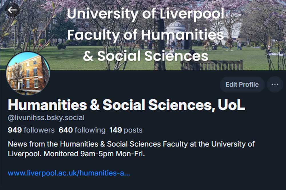 A screenshot of the UoL HSS Bluesky profile page banner
