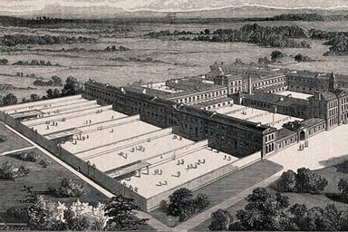 A vintage etching of a building