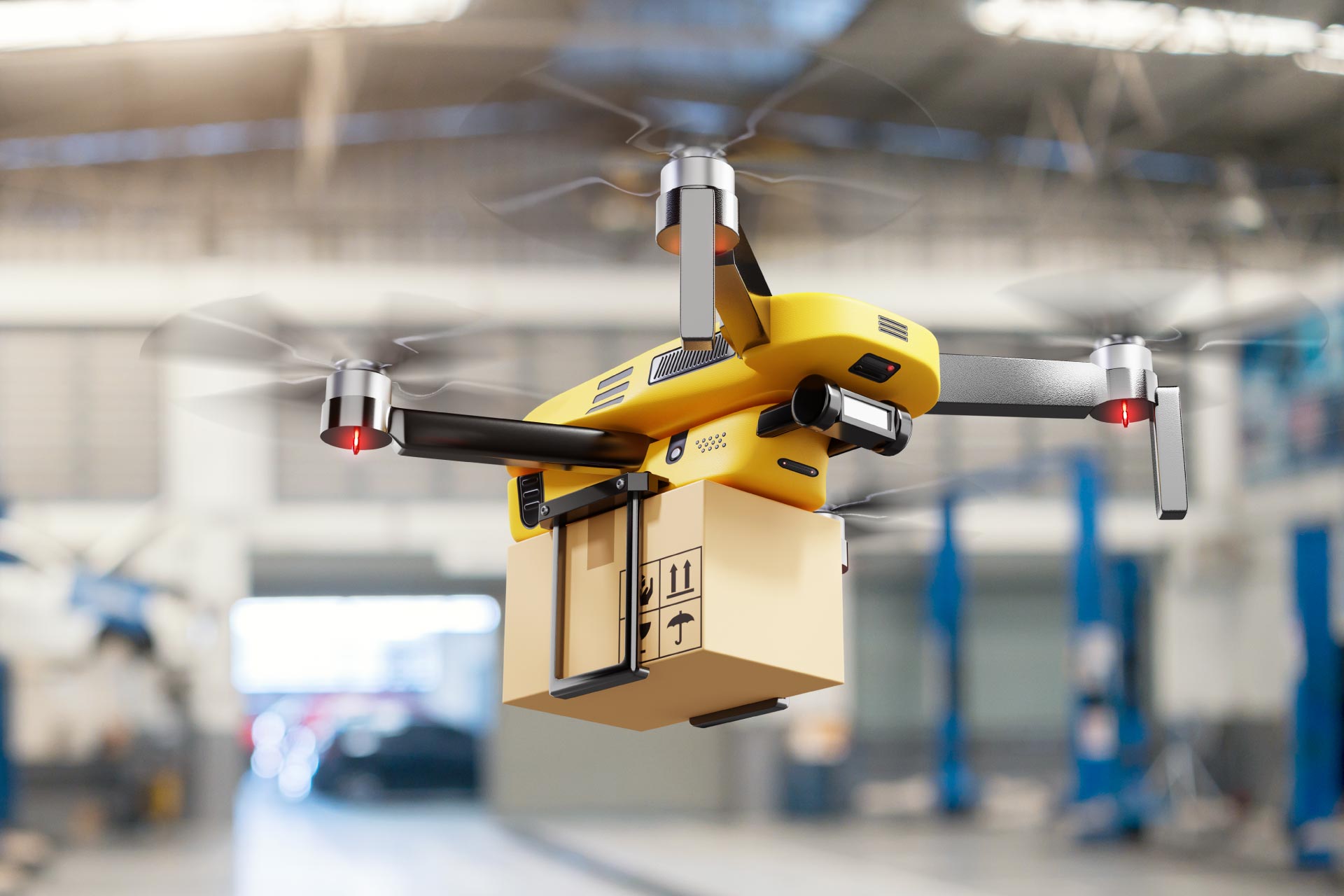 Drone flying in warehouse