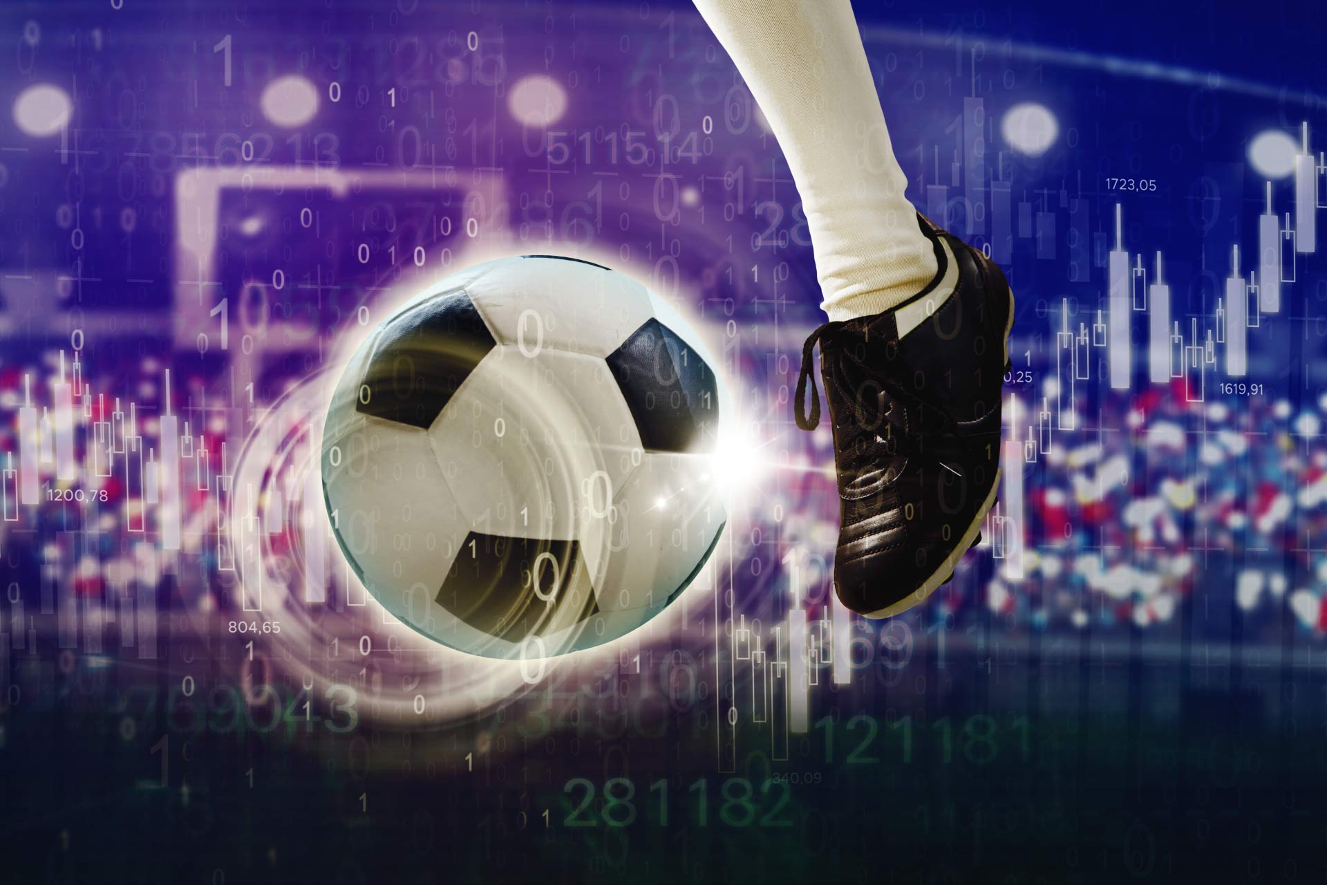 Concept image - Footballer kicking ball with data analytics background