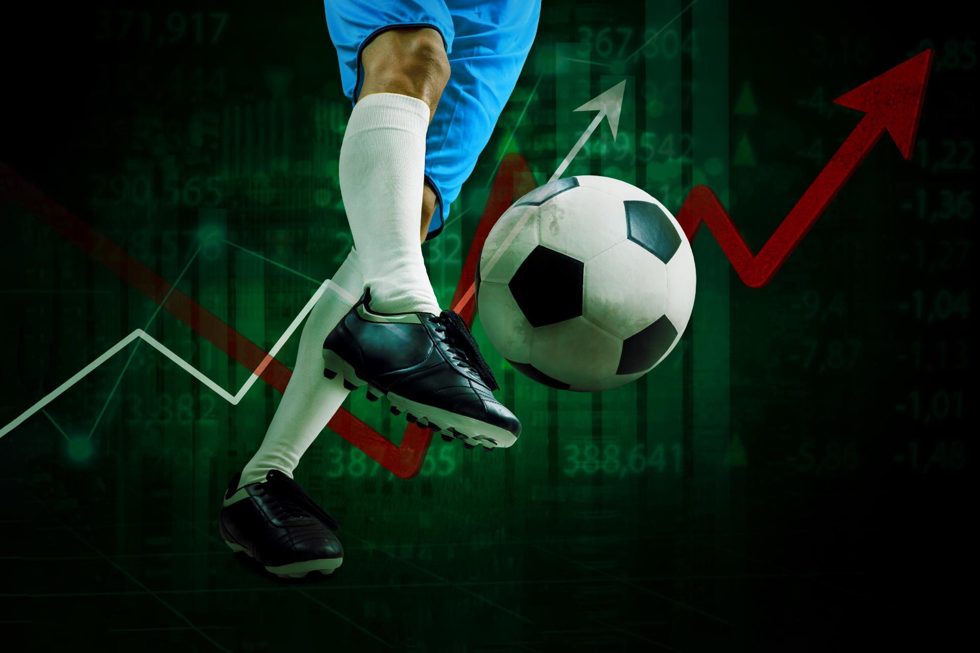 Footballer kicking ball with images of graphs in the background