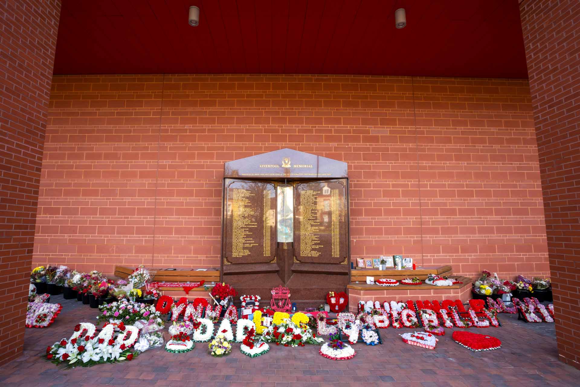 Hillsborough memorial at Anfield with flowers and messages for victims