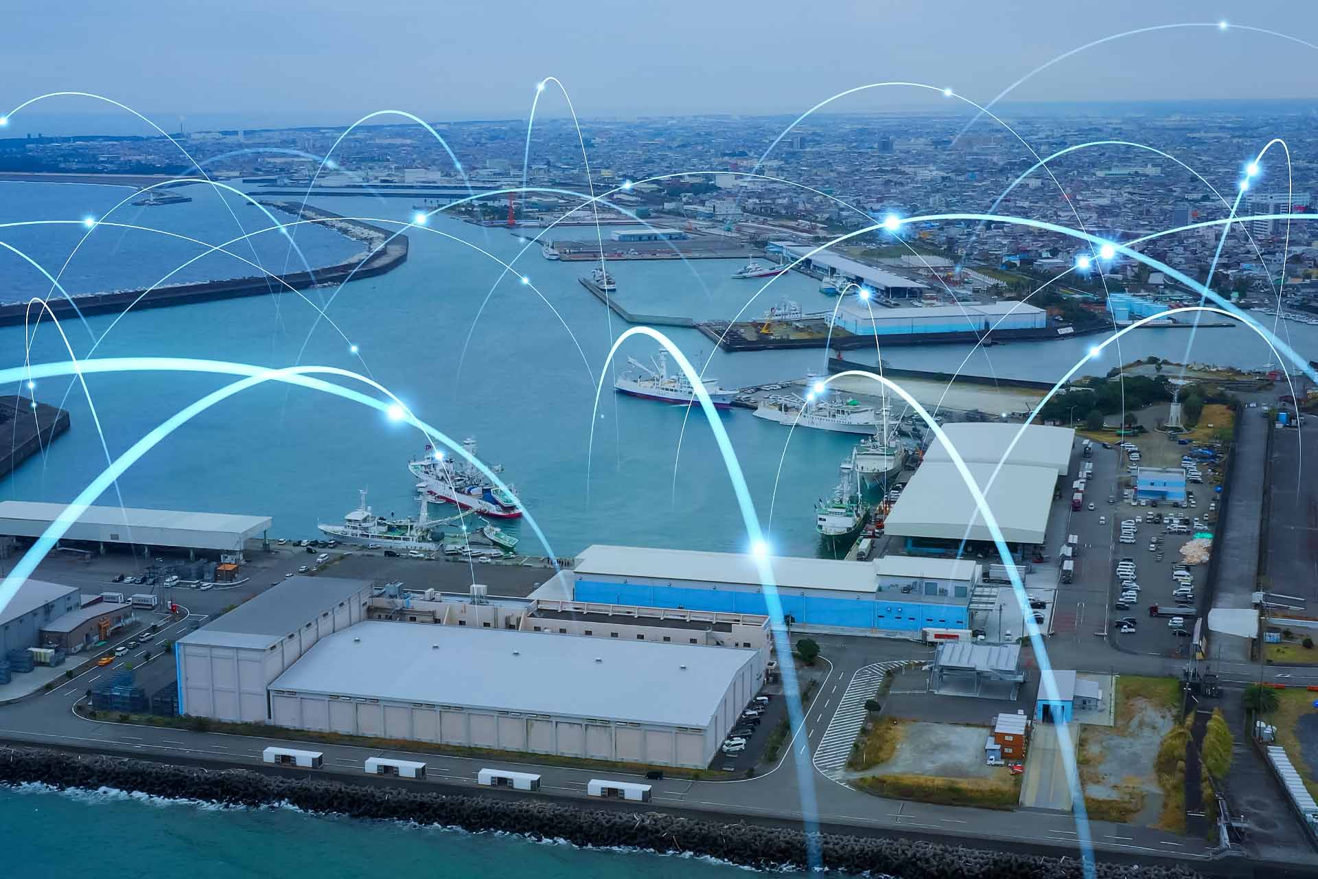 Image of a port with overlay graphics symbolising the power grid.