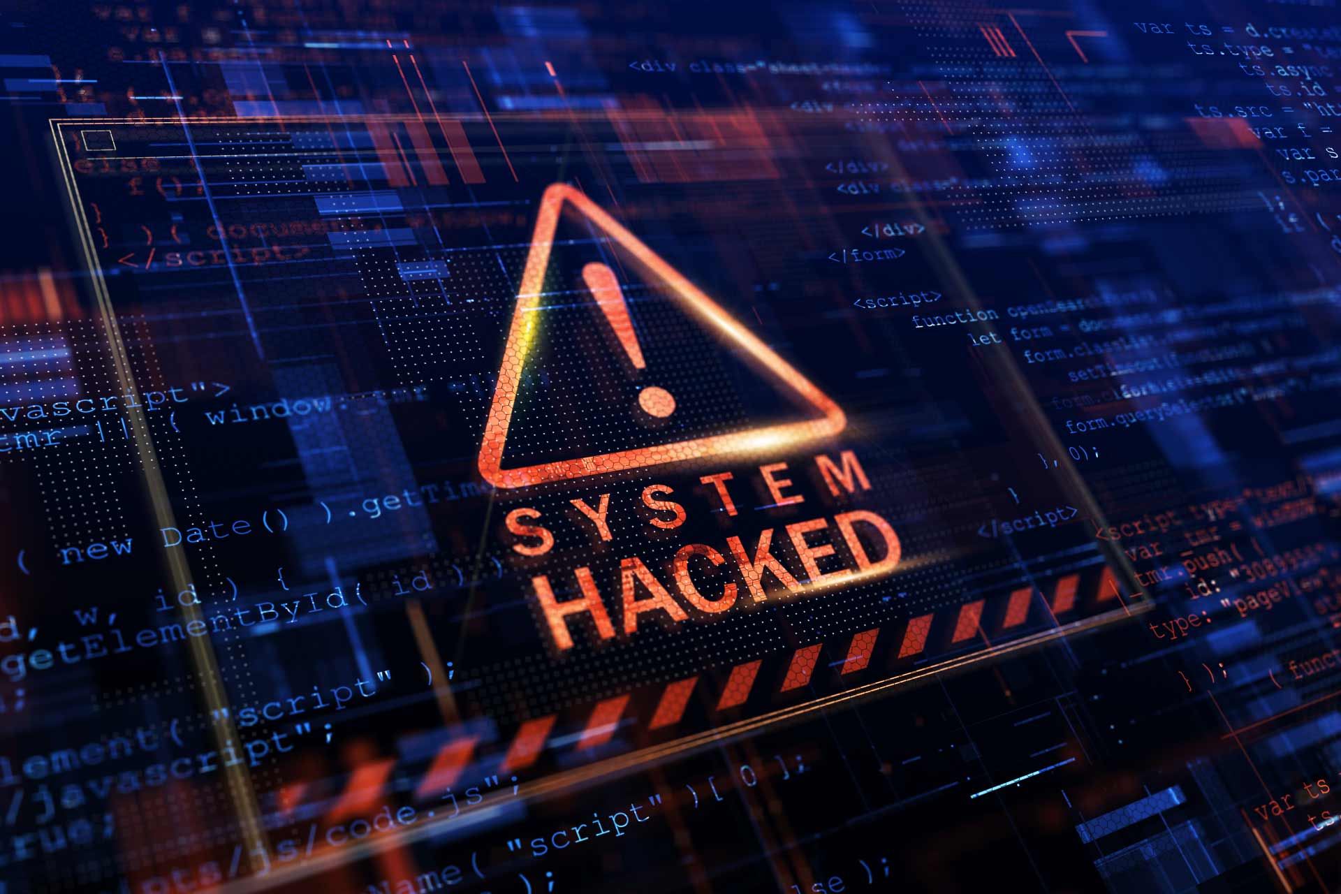 Screen with alert sign for system hacked