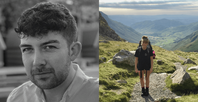 One black and white photo of male student, another of female student hiking in the hills