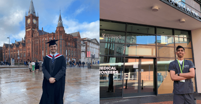 one student in graduation gear, the other in grey scrubs