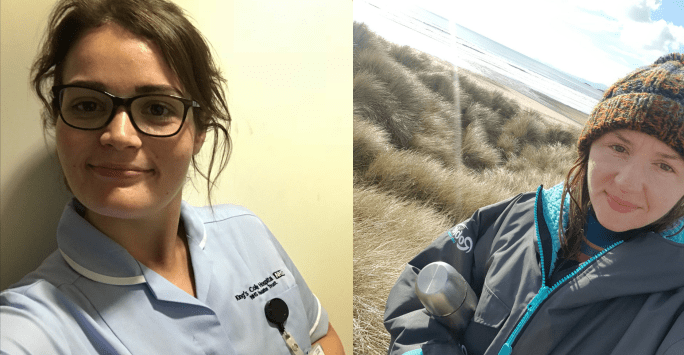 one woman in nurse\'s uniform and another woman on sand dunes at the beach