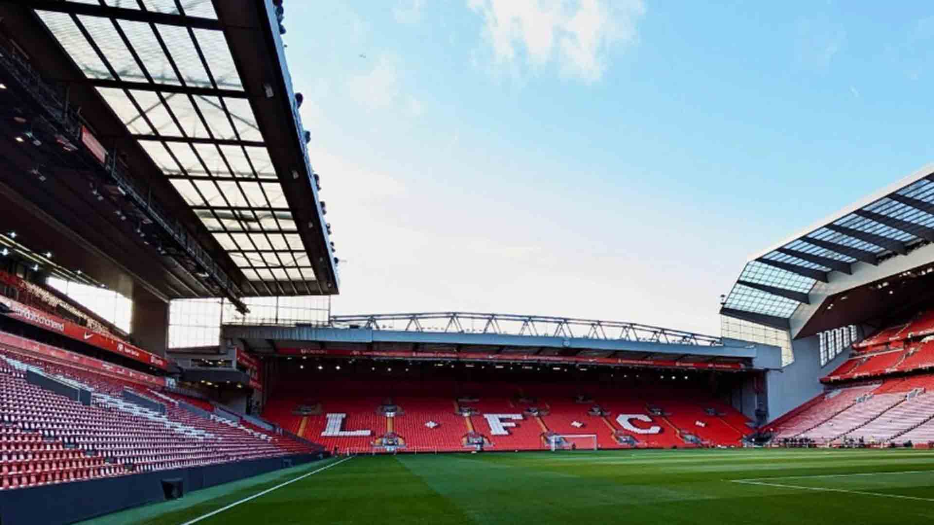 Anfield stadium with blue sky