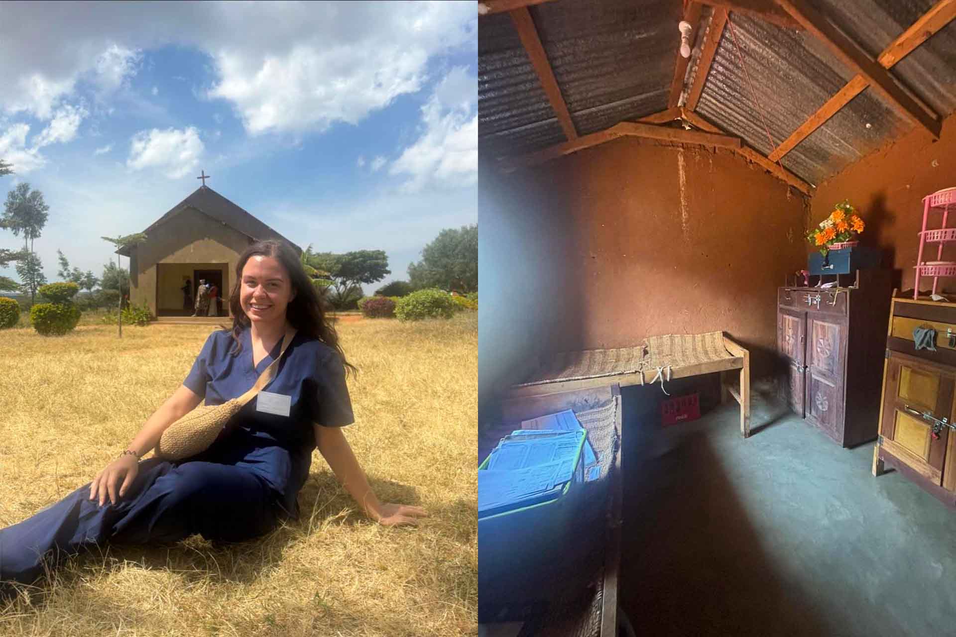 Two photos of Student Doctor Taia Rothwell on her elective placement in Tanzania. The left image is of her sat outside a small church which was used as a medical clinic, the second is of the inside of the clinic, a bare room with a bed and a table.