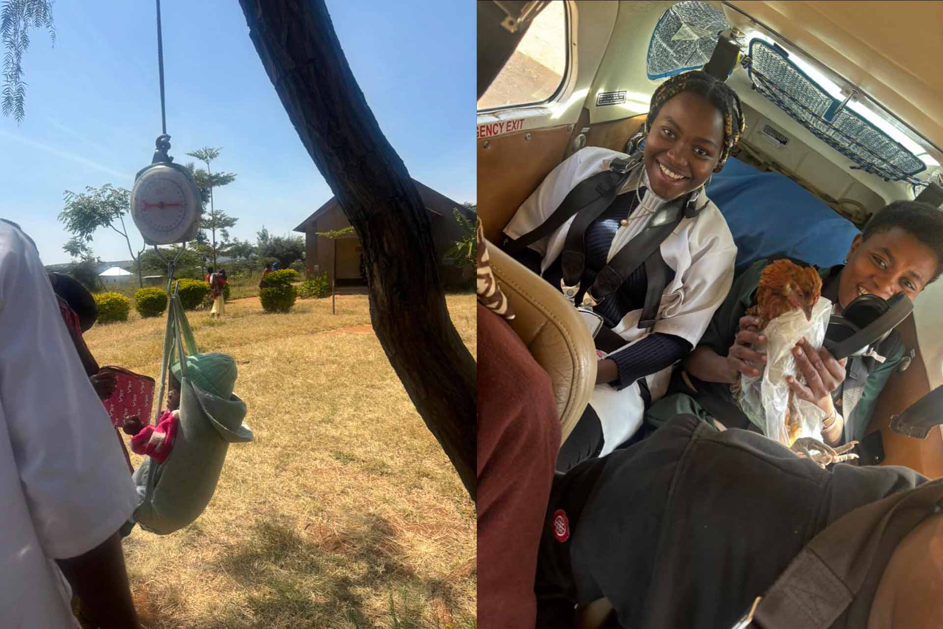 Two images from Taia Rothwell's Elective placement in Tanzania. The left image is her winning entry to the Elective Photo competition showing a small baby being weighed whilst hanging from a tree branch, the right image is of two nurses in the back of a small biplane cockpit, one is holding a live chicken.