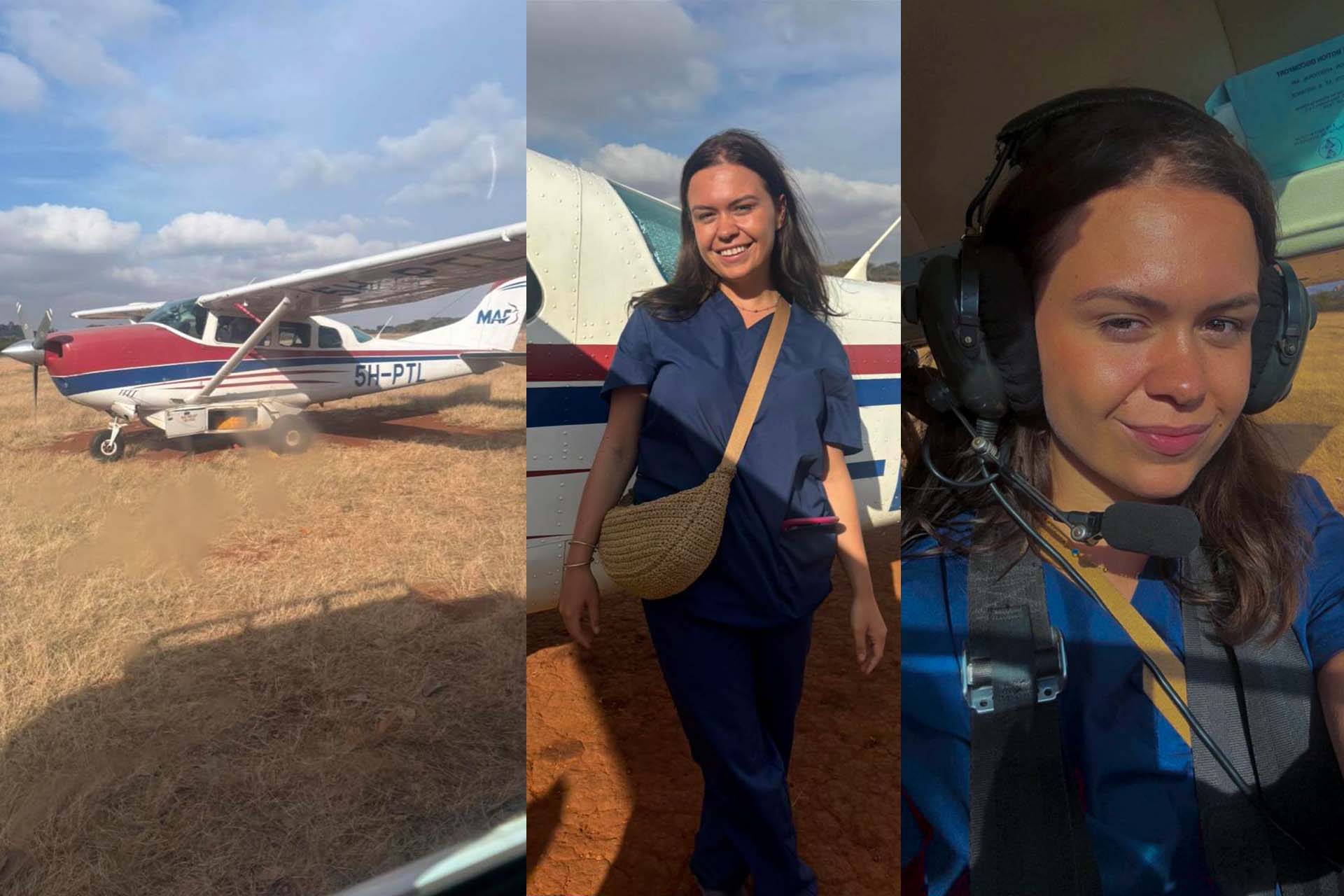 A triptych showing student doctor Taia Rothwell on her Elective placement in Tanzania. The left most image is of a small white bi-plane, the middle image is of Taia in medical scrubs next to the plane, the right most image is of Taia in the cockpit wearing a headset as co-pilot
