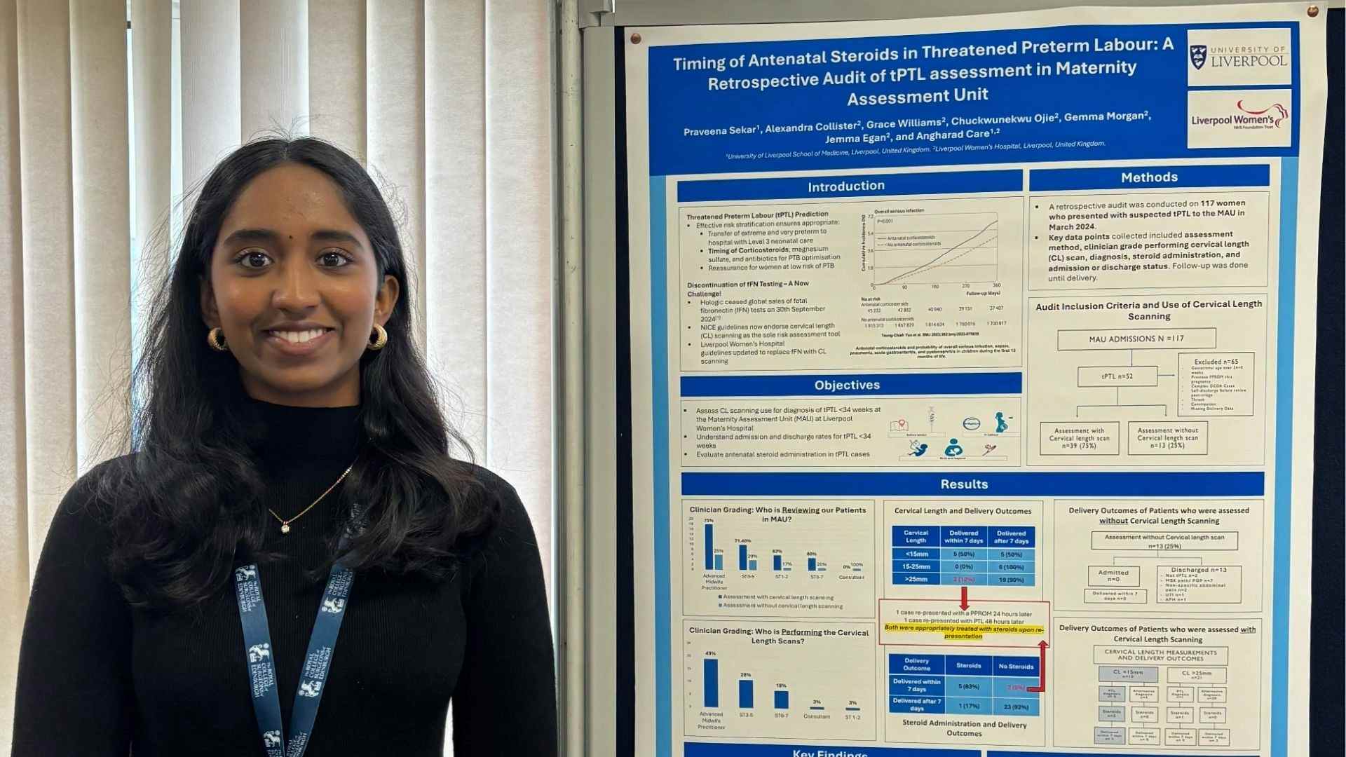 A headshot of student doctor Praveena Sekar stood in front of her student poster presentation