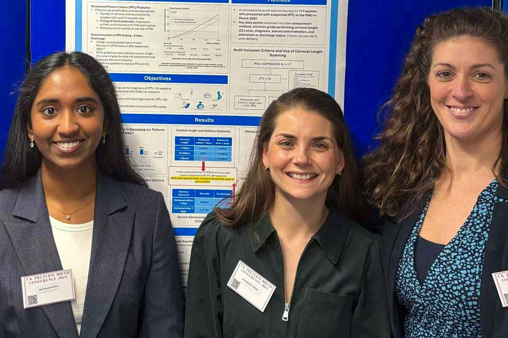 A headshot of student doctor Praveena Sekar standing in front of a poster - to her right are two women, her supervisors, in the poster project.
